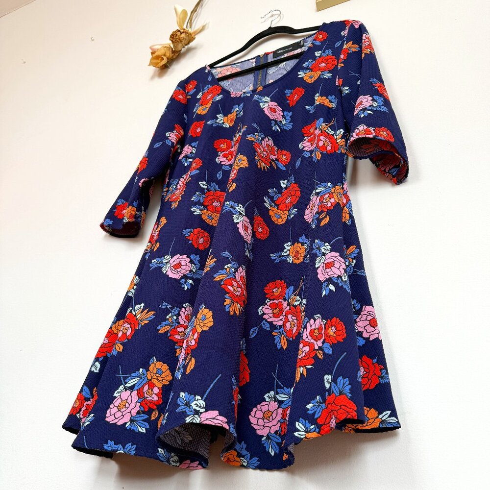 Babydoll mini floral blue dress ~ MinkPink ~ zipper back 3/4 sleeves